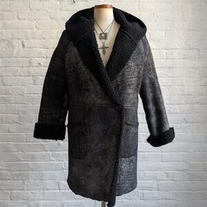Vintage Black Leather Shearling Coat Afghan Fur Minimalist Chic Luxury Jacket